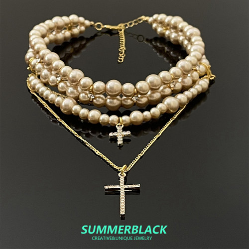 金色十字架珍珠项链女颈链
