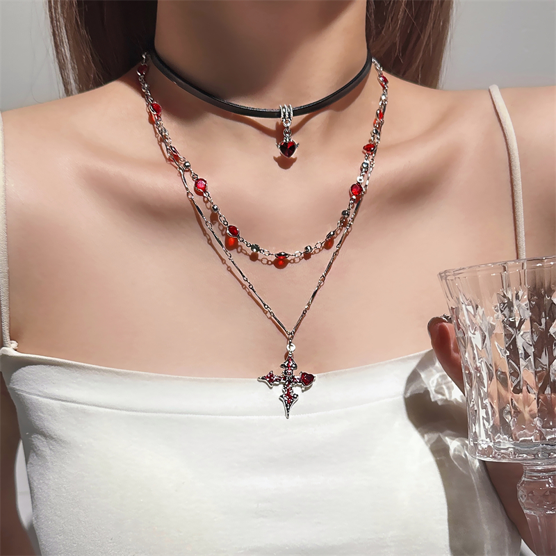哥特风爱心十字架项链女叠戴