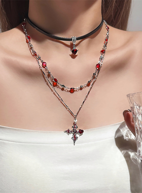 哥特风爱心十字架项链女叠戴