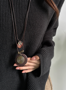 复古民族风多层圆环木质吊牌项链