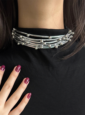 欧美复古风皮绳多层串珠项链