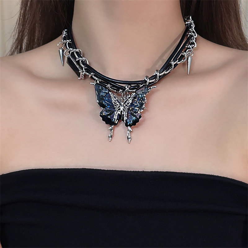 黑姑姑首饰锆石铆钉蝴蝶项链配饰女颈链小众锁骨链choker2024新款