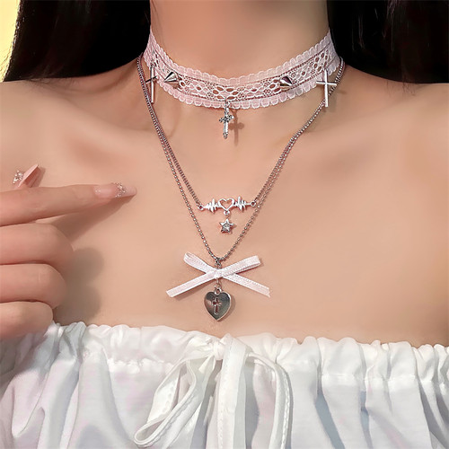 蕾丝爱心十字架多层项链