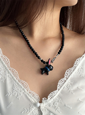 设计感黑色串珠项链配饰女颈链
