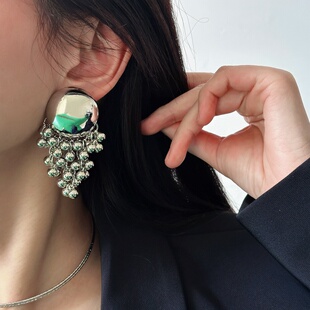 欧美风时尚高级设计感银色圆珠流苏耳钉女小众大气轻奢百搭耳饰