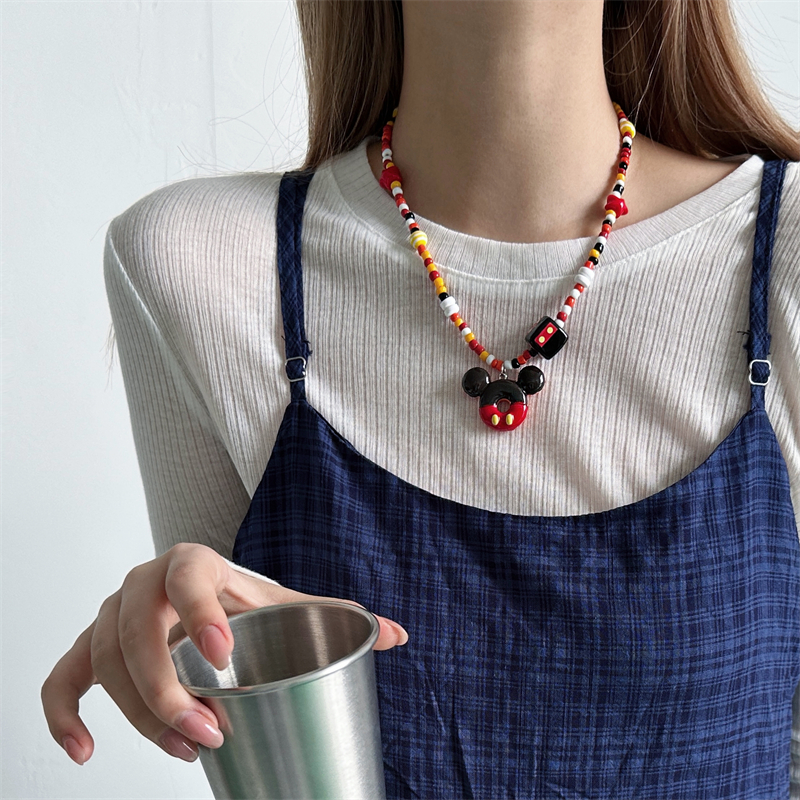 甜酷卡通风彩色串珠米奇吊坠项链