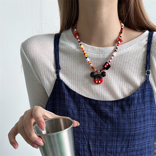 甜酷卡通风彩色串珠米奇吊坠项链