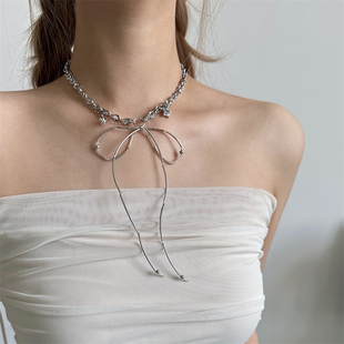 欧美风不规则飘带蝴蝶结金属项链女小众设计感百搭颈链锁骨链配饰