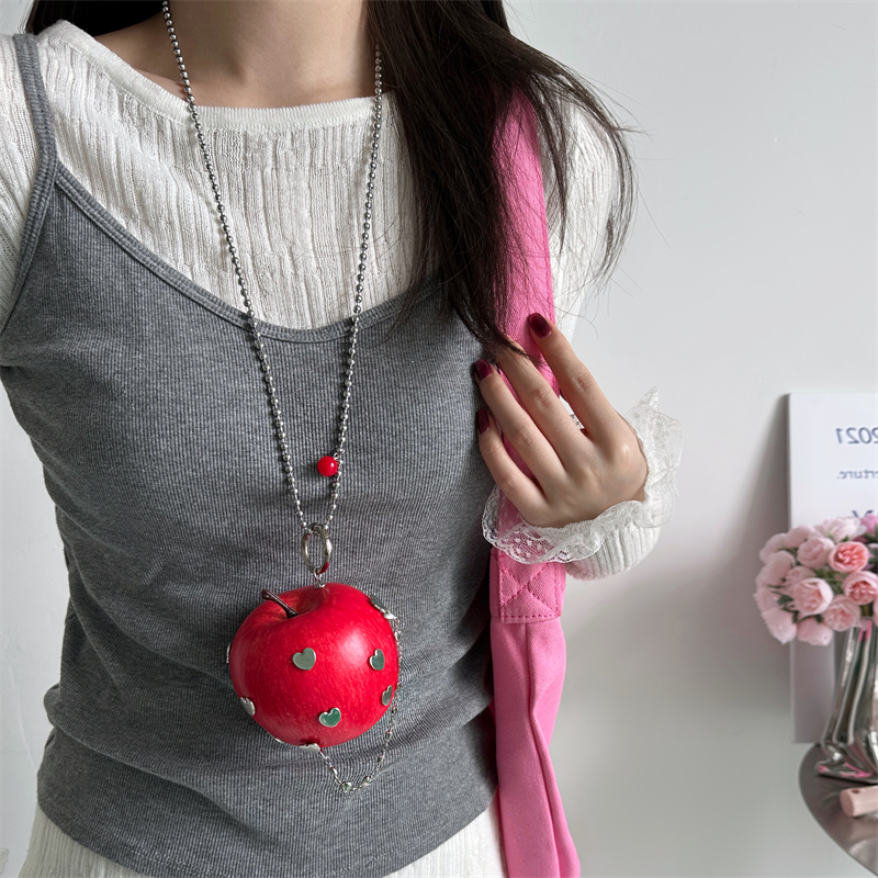 波西米亚风红苹果爱心吊坠项链