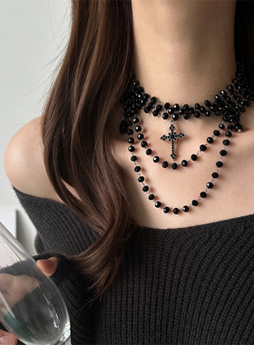 暗黑朋克风多层切面串珠十字项链