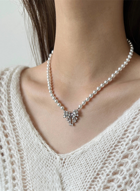 法式公主风蝴蝶结锆石珍珠项链
