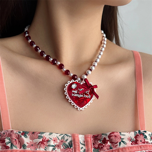 甜酷公主风桃心蝴蝶结珍珠项链女2025年新款小众甜妹锁骨毛衣链