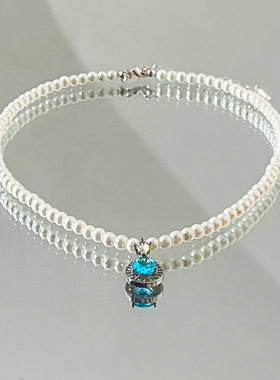 蓝色水滴锆石珍珠项链
