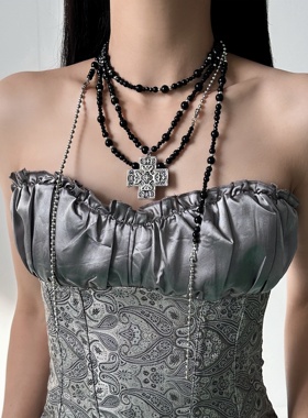 哥特重工多层黑色串珠十字架项链