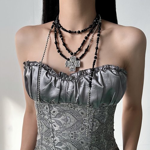 哥特重工多层黑色串珠十字架项链