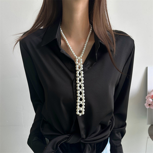 欧美风时尚设计感领带型长款流苏珍珠项链女小众时尚夸张毛衣链