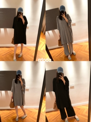 Rdodo自线 row风极简时髦懒人宽松长Ｔ恤裙连衣裙+显瘦九分裤女