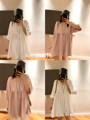 Rdodo自线 孔孝真egg风松弛人棉亚麻宽松时髦娃娃衫短袖衬衫上衣