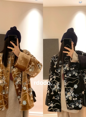 Rdodo自线万物生金国风重工亮片钉珠刺绣丝绒新中式棉服大衣厚款