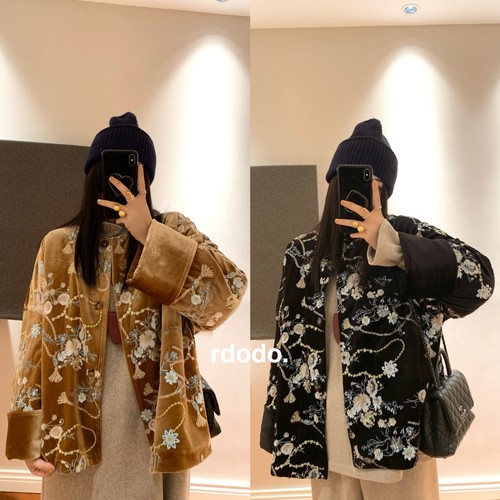 Rdodo自线万物生金国风重工亮片钉珠刺绣丝绒新中式棉服大衣厚款