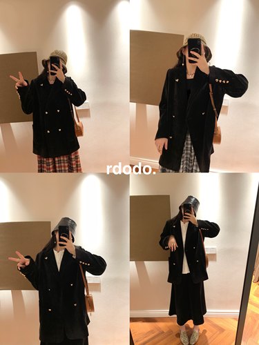 Rdodo自线金色爱心扣送胸针日本进口丝绒西装外套+鱼尾半身裙套装