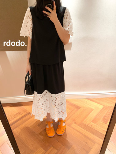 Rdodo自线 暗黑仙女三醋酸拼花朵蕾丝短袖上衣+显瘦半身裙套装