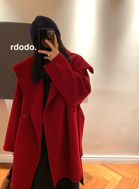 Rdodo自线大翻领披肩独家波尔多本命红色高支山羊绒羊毛软糯大衣