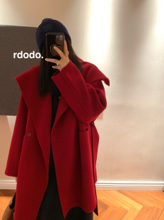 Rdodo自线大翻领披肩Du家波尔多本命红色高支山羊绒羊毛软糯大衣