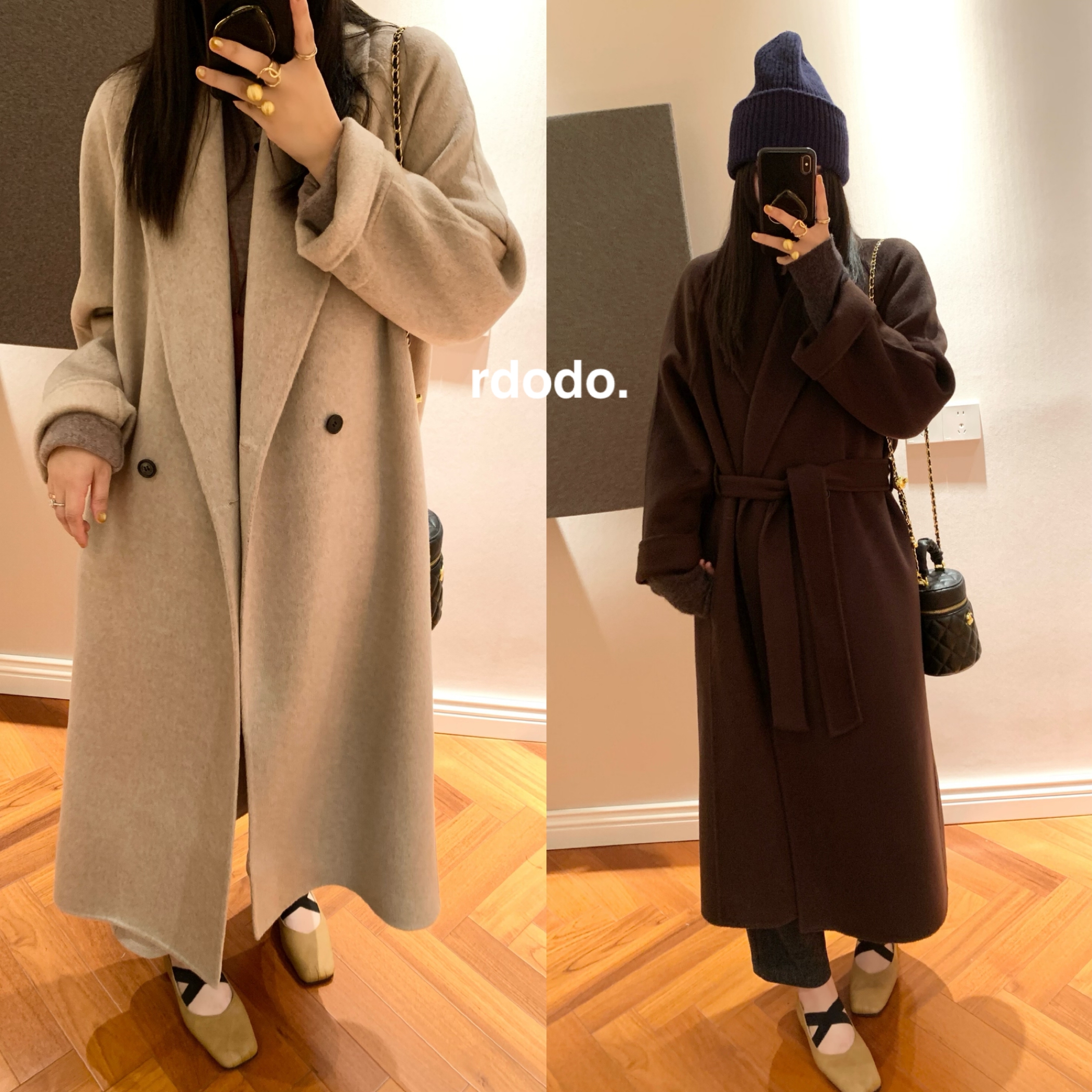 Rdodo高端线超软糯软黄金30山羊绒高支羊毛row式浴袍长款系带大衣