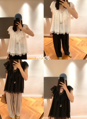 Rdodo自线 法式浪漫油画少女睫毛蕾丝克洛伊风贵气短袖仙女上衣