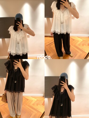 Rdodo自线 法式浪漫油画少女睫毛蕾丝克洛伊风贵气短袖仙女上衣