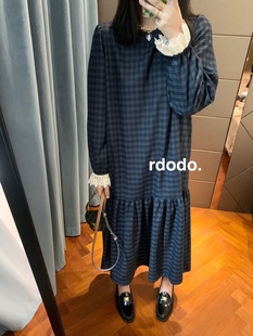 长款 格子纹手工钩织蕾丝边长袖 连衣裙 财阀大小姐2.0版 Rdodo自线