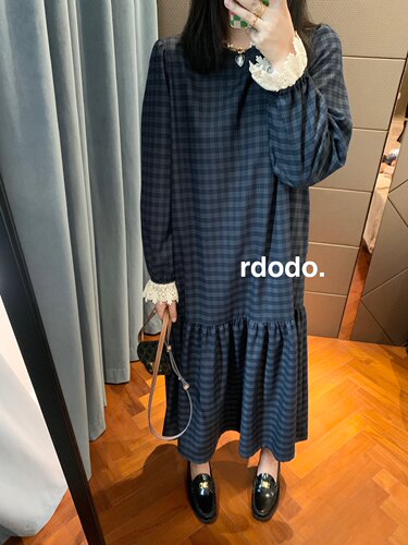 rdodo蕾丝格子长款连衣裙荷叶边