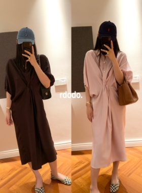 Rdodo自线 时髦贵气慵懒纽结进口高端醋酸微皱雾面衬衫式连衣裙