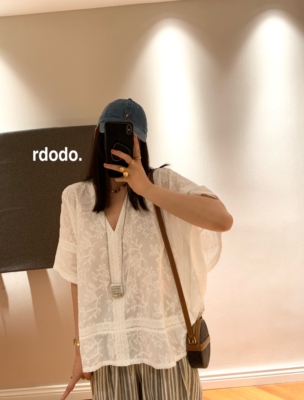 Rdodo自线 法式轻灵氛围感百万针全棉刺绣织带斗篷短袖上衣衬衫