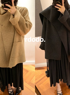 Rdodo自线 多穿造型自带围巾披肩高支山羊绒羊毛小个子斗篷大衣