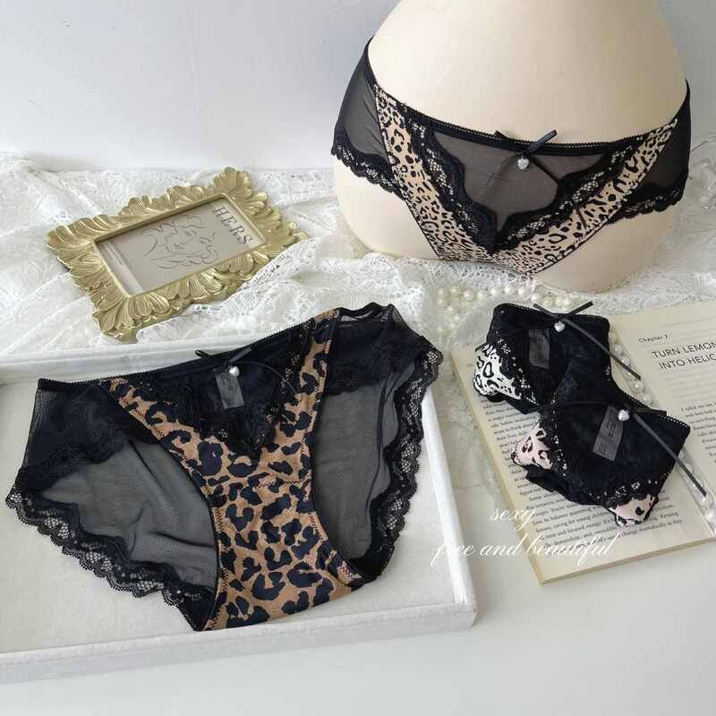 5198蕾丝豹纹冰丝网纱爱心挂坠镂空辣妹透气法式性感魅力女士内裤