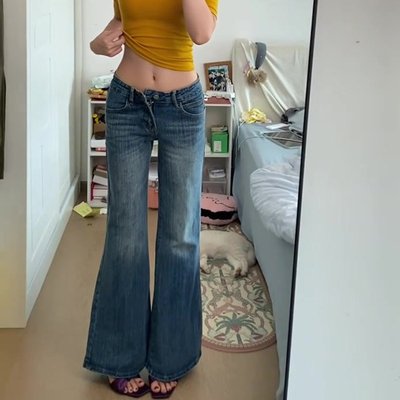 运费险竹节纹复古蓝美式牛仔裤女