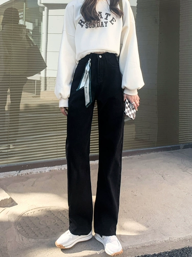 Черные осенние джинсы, приталенные штаны, коллекция 2023, высокая талия, свободный прямой крой, подходит для подростков