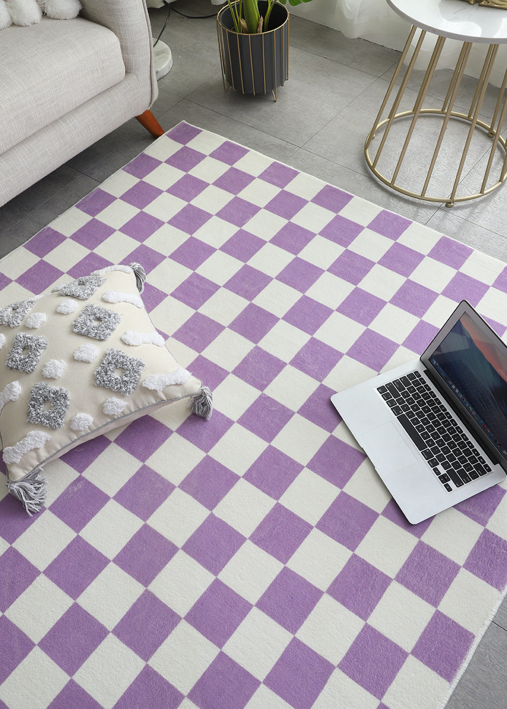 棋盘格客厅毛绒地毯 ins新款时尚简约马卡龙色地垫卧室少女床边毯
