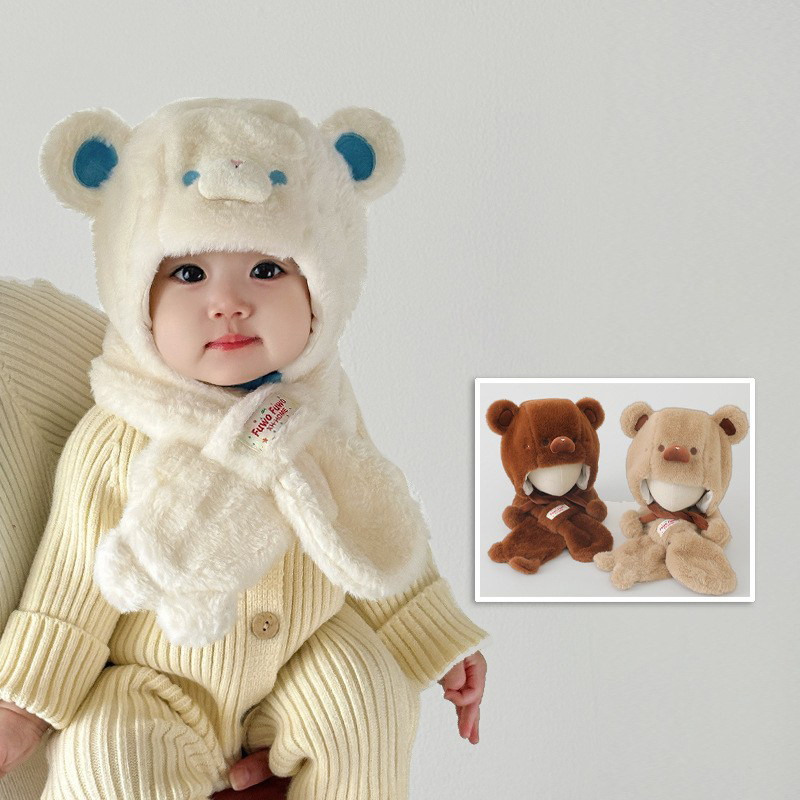 韩国宝宝帽子冬季可爱小熊护耳雷锋帽男女童保暖防寒围脖儿童套帽