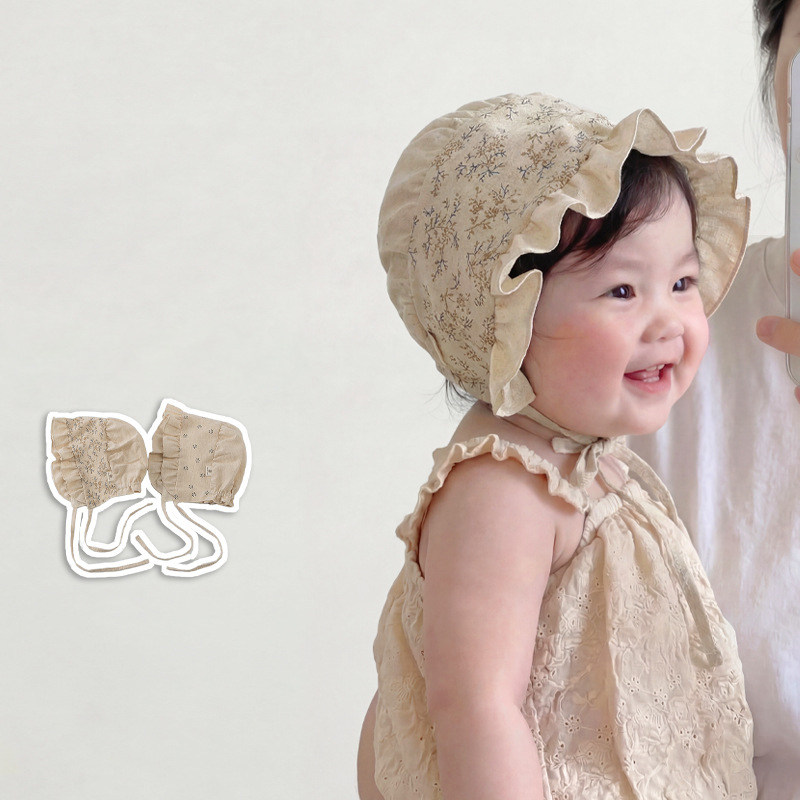 韩国婴儿帽子春夏季女宝宝碎花公主帽防晒遮阳透气胎帽宝宝护耳帽