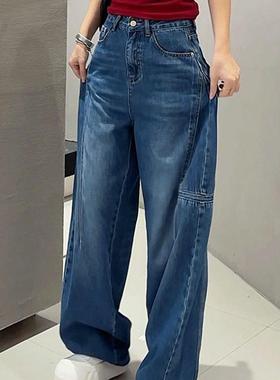 弯刀裤复古深蓝色牛仔裤女秋季2024秋新款高腰贲松显瘦阔腿香蕉裤