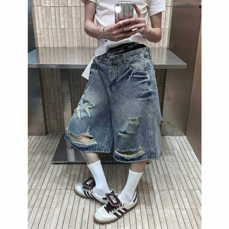 大码美式街头复古水洗破洞设计感牛仔五分裤男女夏季宽松阔腿短裤 - 实物图