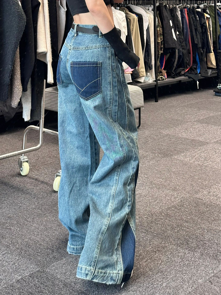 美式设计感复古大码街头牛仔裤