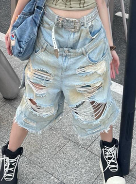 七分裤男女设计感宽松短裤潮大码美式街头双腰头泥黄脏染破洞牛仔