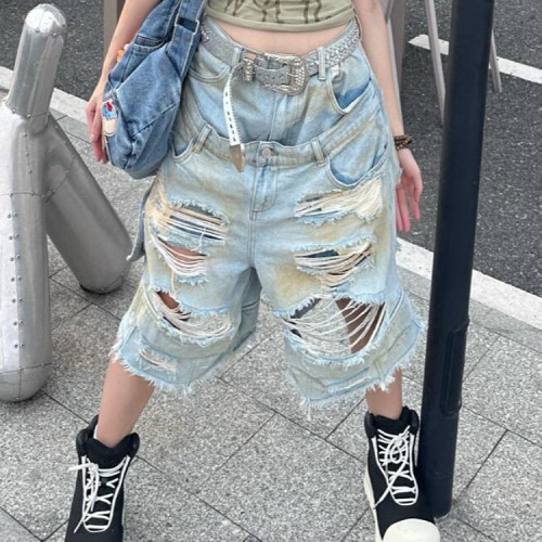 七分裤男女设计感宽松短裤潮大码美式街头双腰头泥黄脏染破洞牛仔