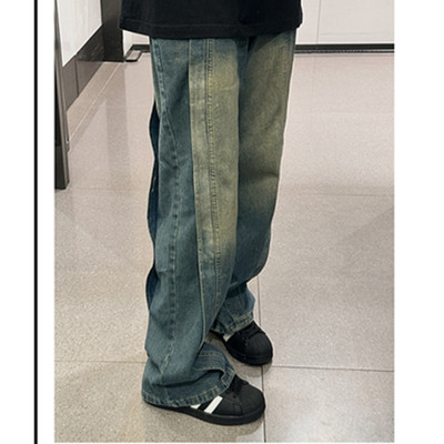 情侣美式高街vibe水洗拼接牛仔裤