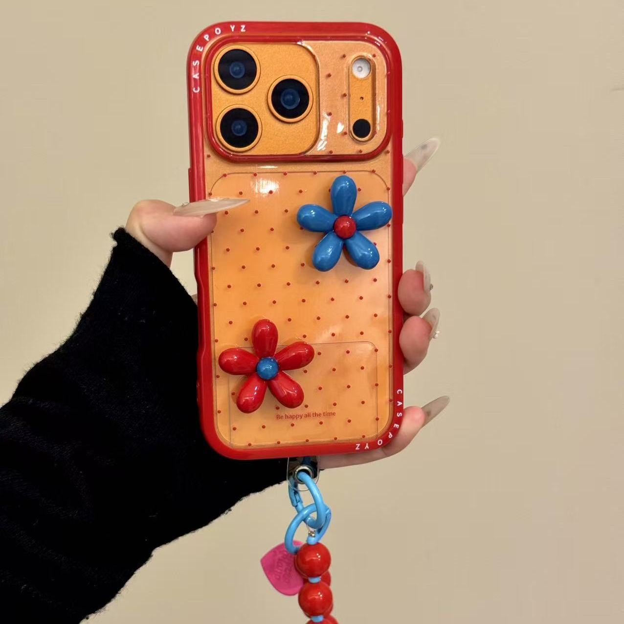 简约ins透底立体红蓝花朵适用ihone17promax苹果16pr手机壳15新款