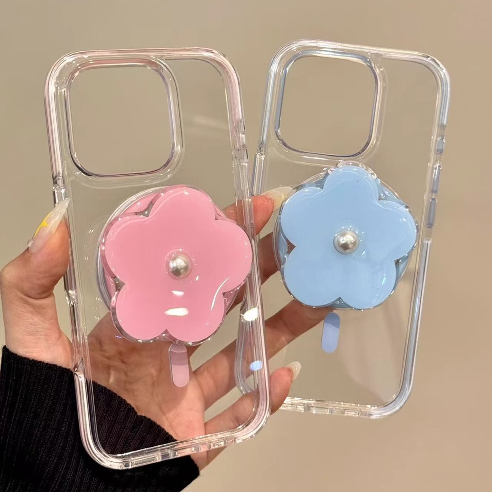 简约透明珍珠花朵磁吸支架适用iphone16proma苹果15pro手机保护壳